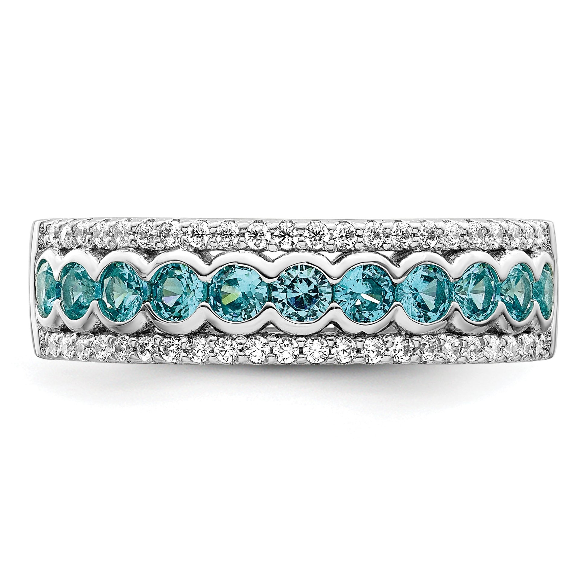 Sterling Silver Rhodium plated Aqua & White CZ Band
