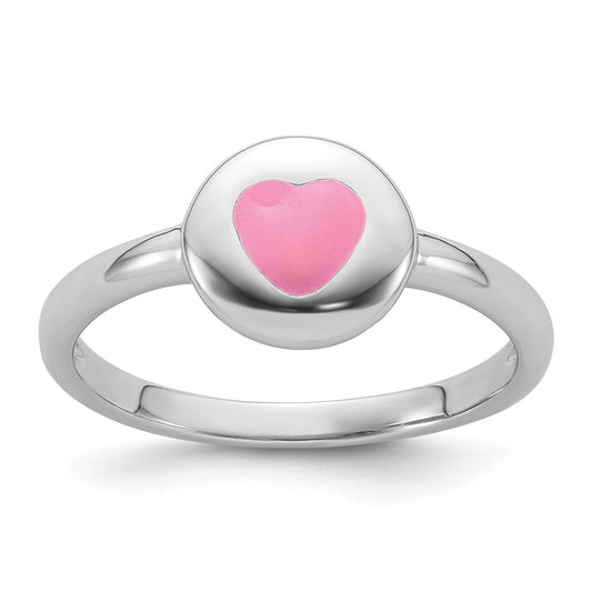 Sterling Silver Rhodium-plated Polished Pink Enamel Heart Children's Ring