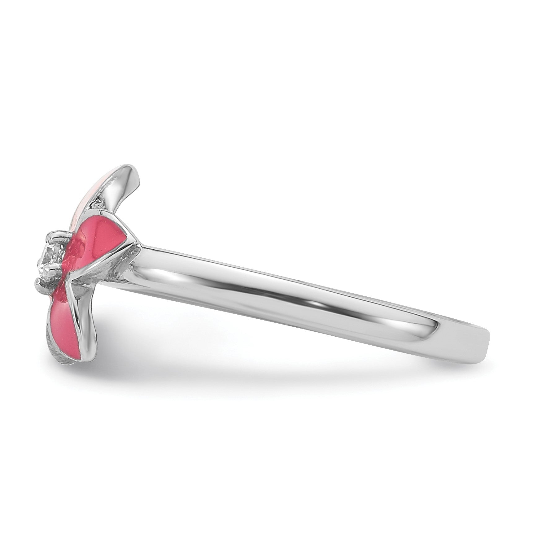Sterling Silver RH-plated Pink Enameled & CZ Flower Children's Ring
