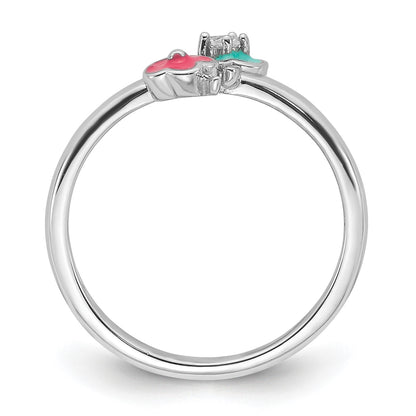 Sterling Silver RH-plated Blue/Pink Enameled & CZ Floral Children's Ring