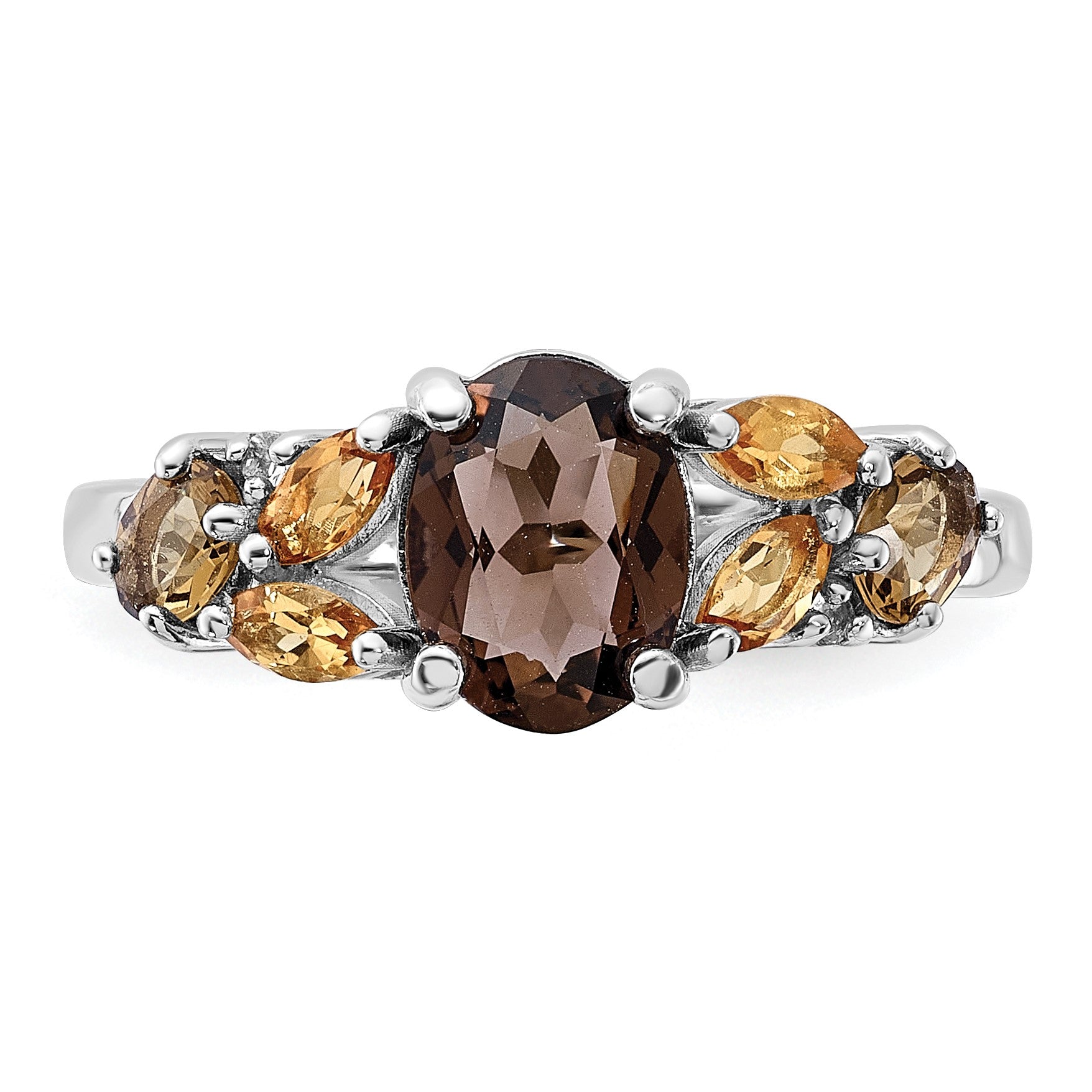 SS Rh Smoky and Whiskey Quartz Citrine White Topaz Ring