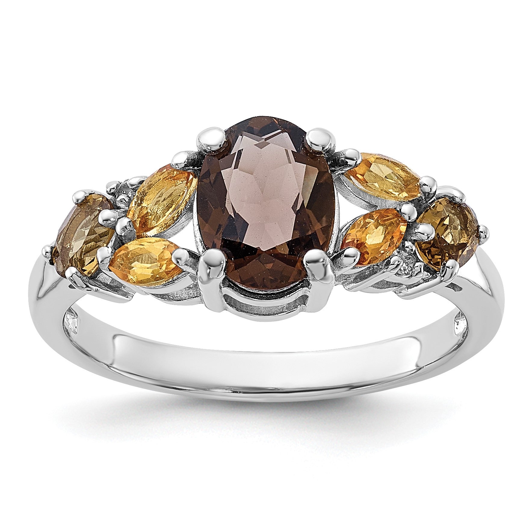 SS Rh Smoky and Whiskey Quartz Citrine White Topaz Ring