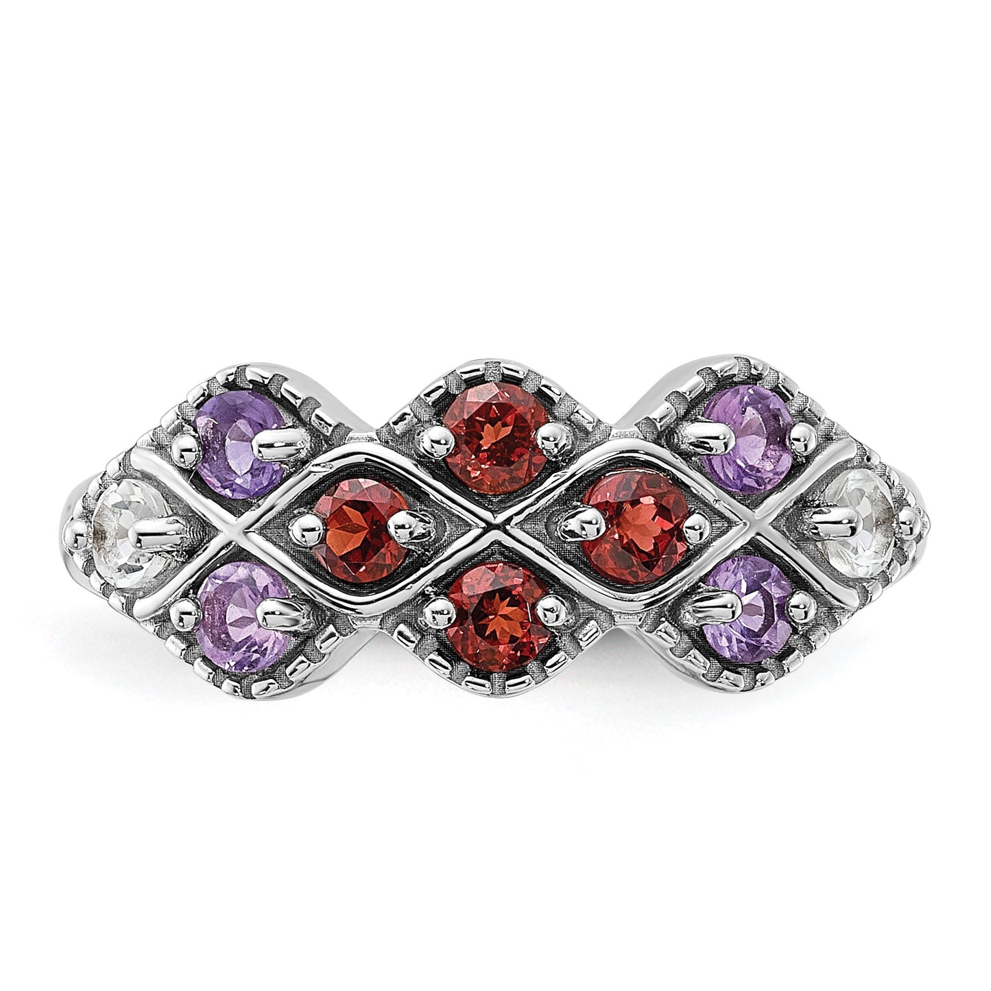 Sterling Silver Rhodium-plated Garnet Amethyst and White Topaz Ring
