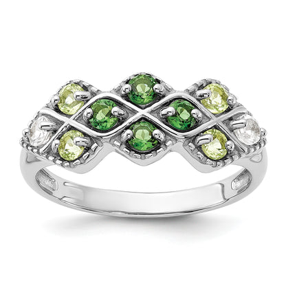 Sterling Silver Rhodium Chrome Diopside Peridot and White Topaz Ring