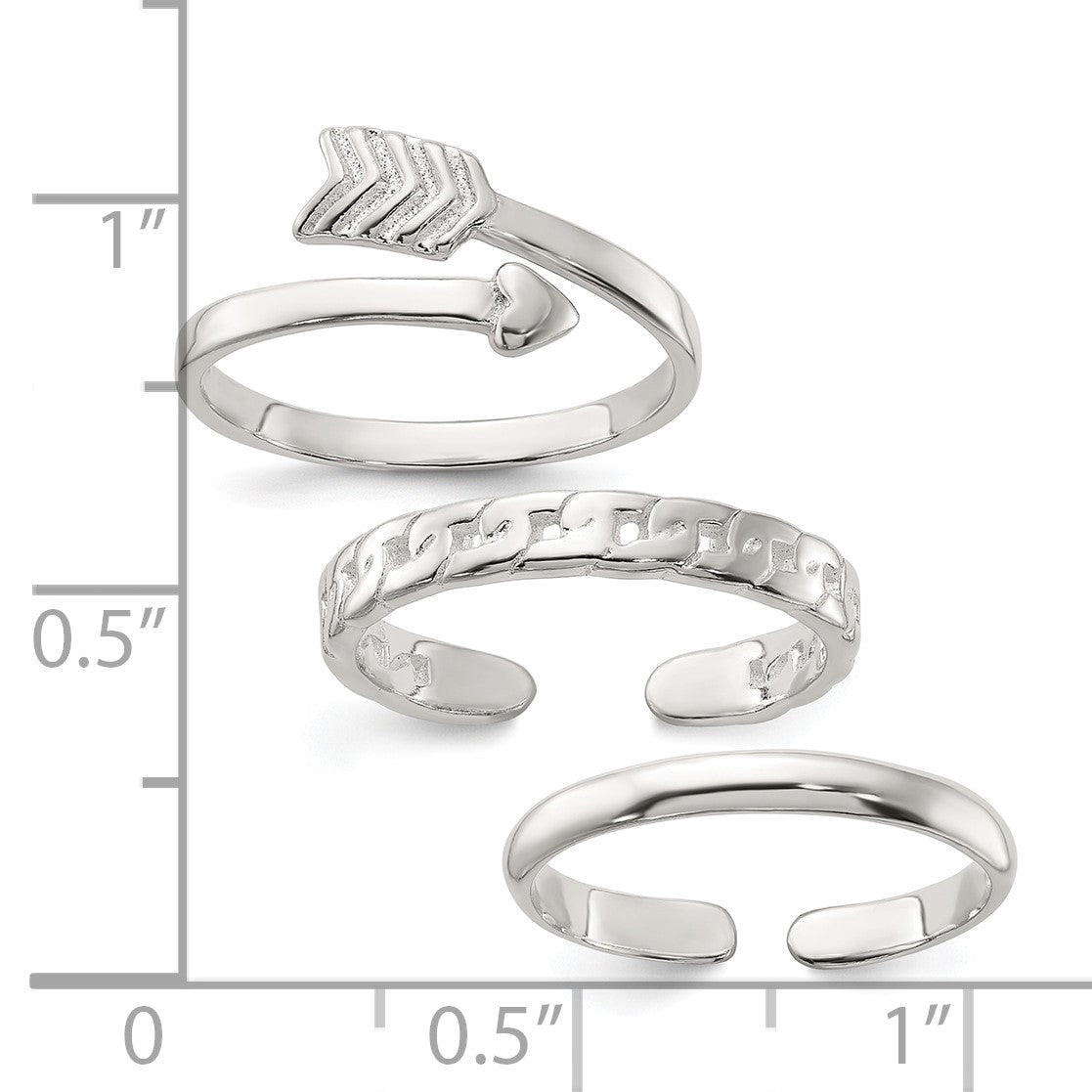 Sterling Silver Polished Arrow/Chain Link/Plain Set of 3 Toe Rings