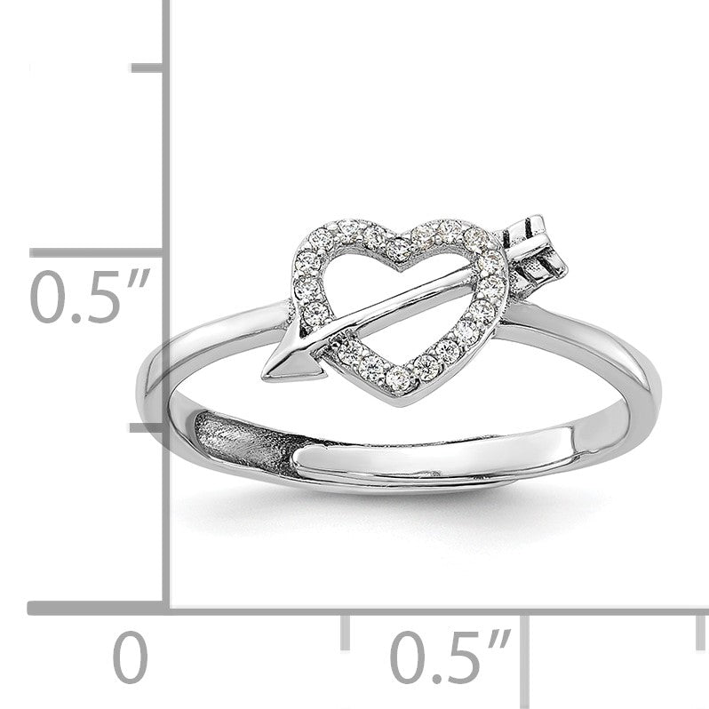 Sterling Silver Rhodium-plated CZ Heart with Arrow Adjustable Ring
