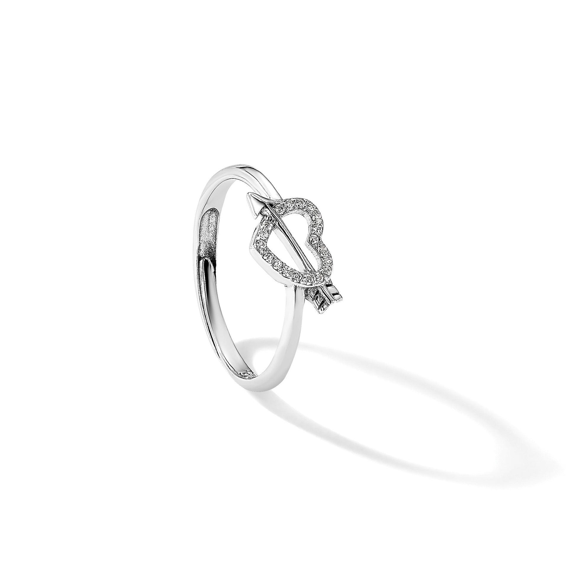 Sterling Silver Rhodium-plated CZ Heart with Arrow Adjustable Ring