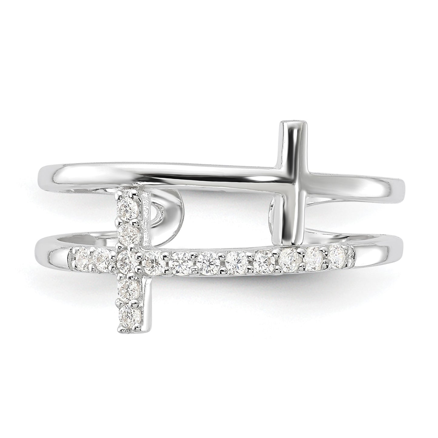 Sterling Silver E-coated CZ Cross Open Back Ring