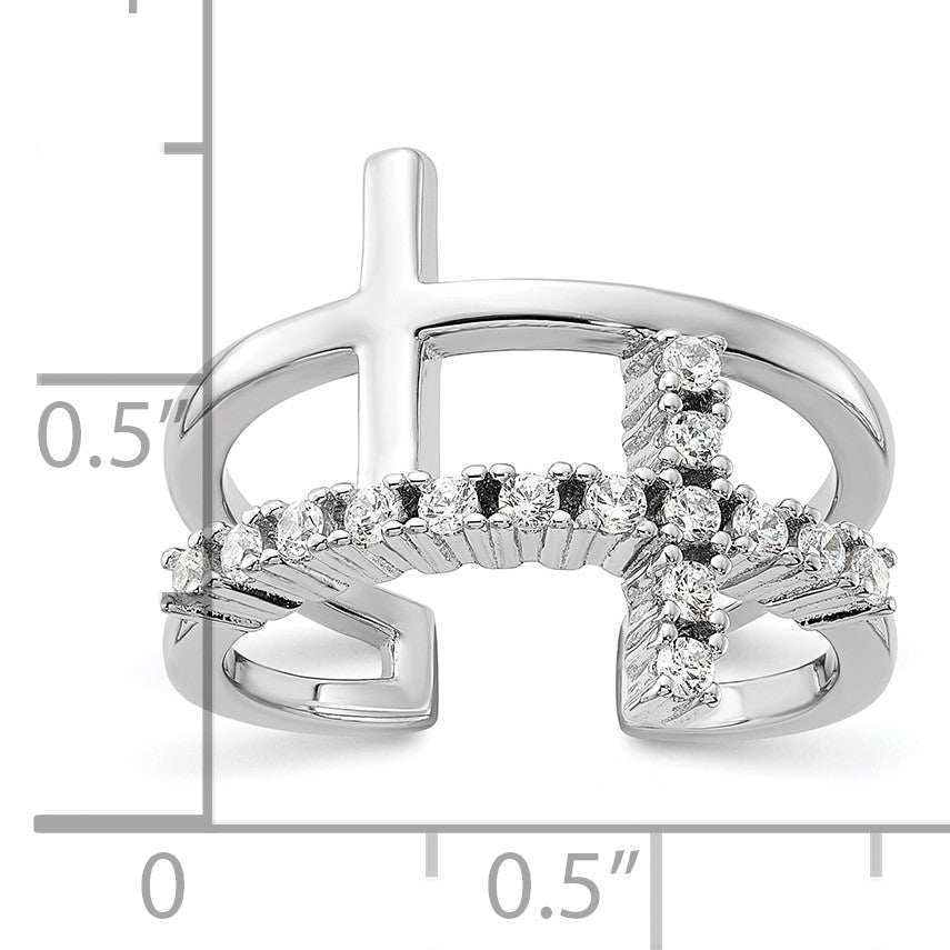 True Fire Sterling Silver Rhodium-plated Double Cross CZ Open Back Ring