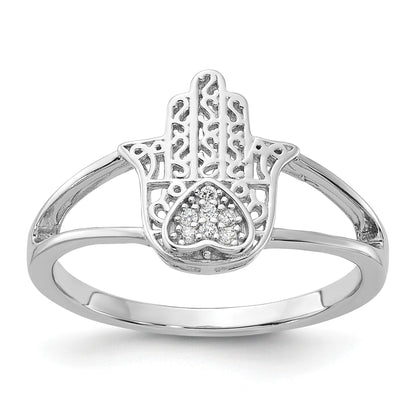 Sterling Silver Rhodium-plated CZ Heart Hamsa Ring