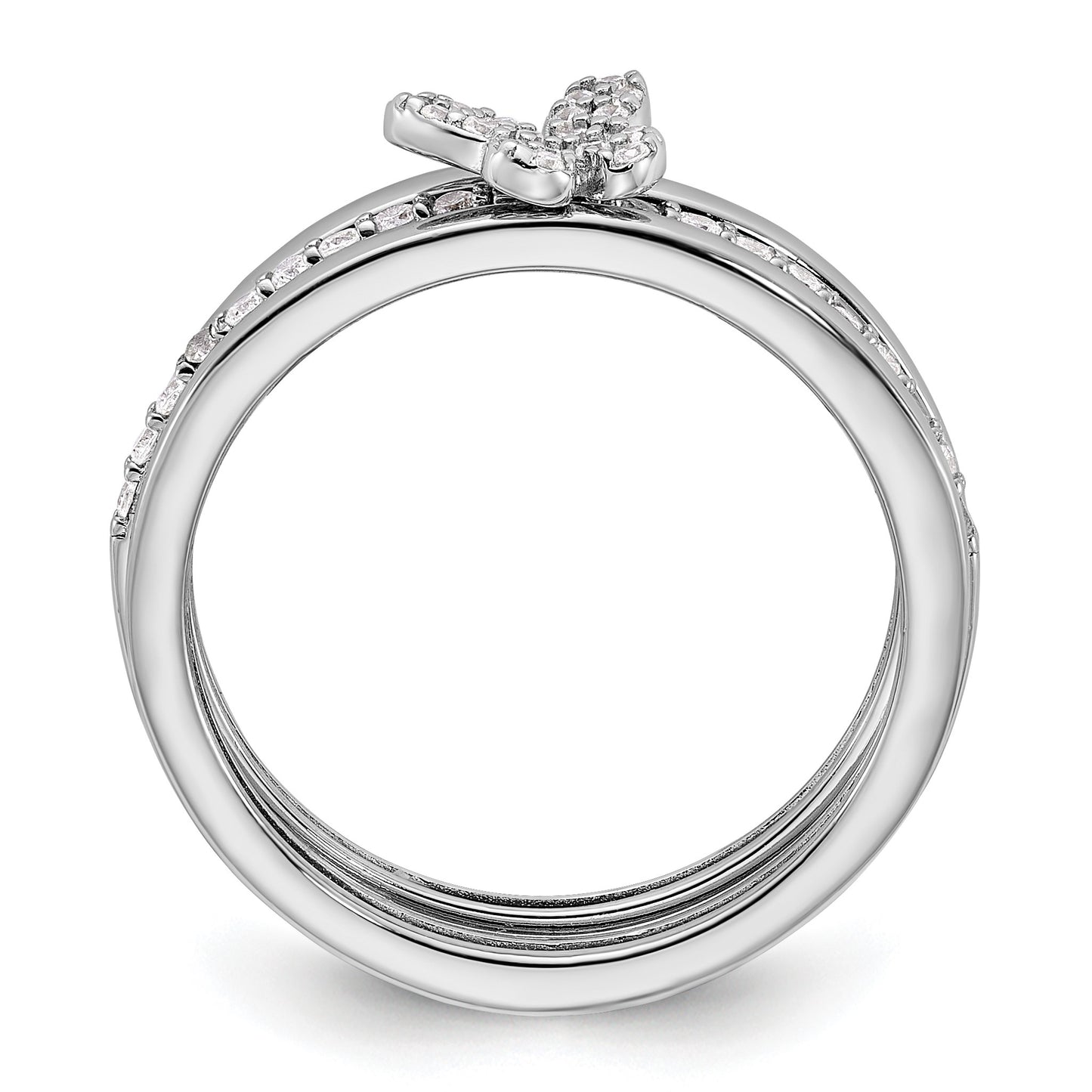 Sterling Silver RH-plated CZ Butterfly Ring with Two Plain Bands 3 Ring Set