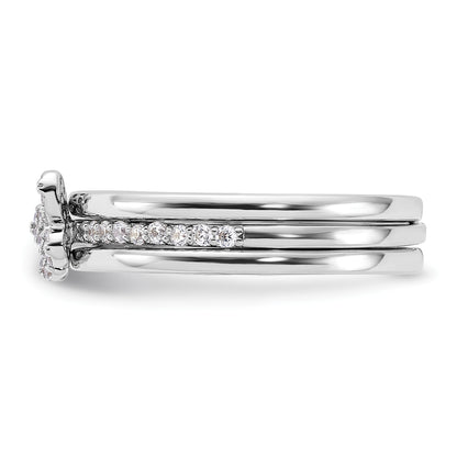 Sterling Silver RH-plated CZ Butterfly Ring with Two Plain Bands 3 Ring Set