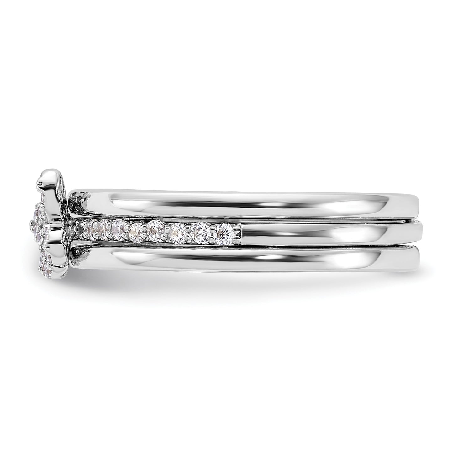 Sterling Silver RH-plated CZ Butterfly Ring with Two Plain Bands 3 Ring Set
