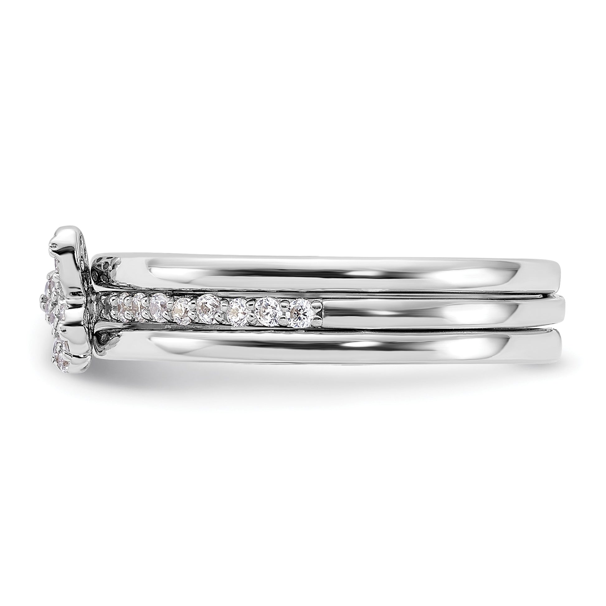 Sterling Silver RH-plated CZ Butterfly Ring with Two Plain Bands 3 Ring Set