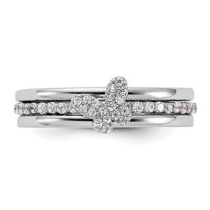 Sterling Silver RH-plated CZ Butterfly Ring with Two Plain Bands 3 Ring Set