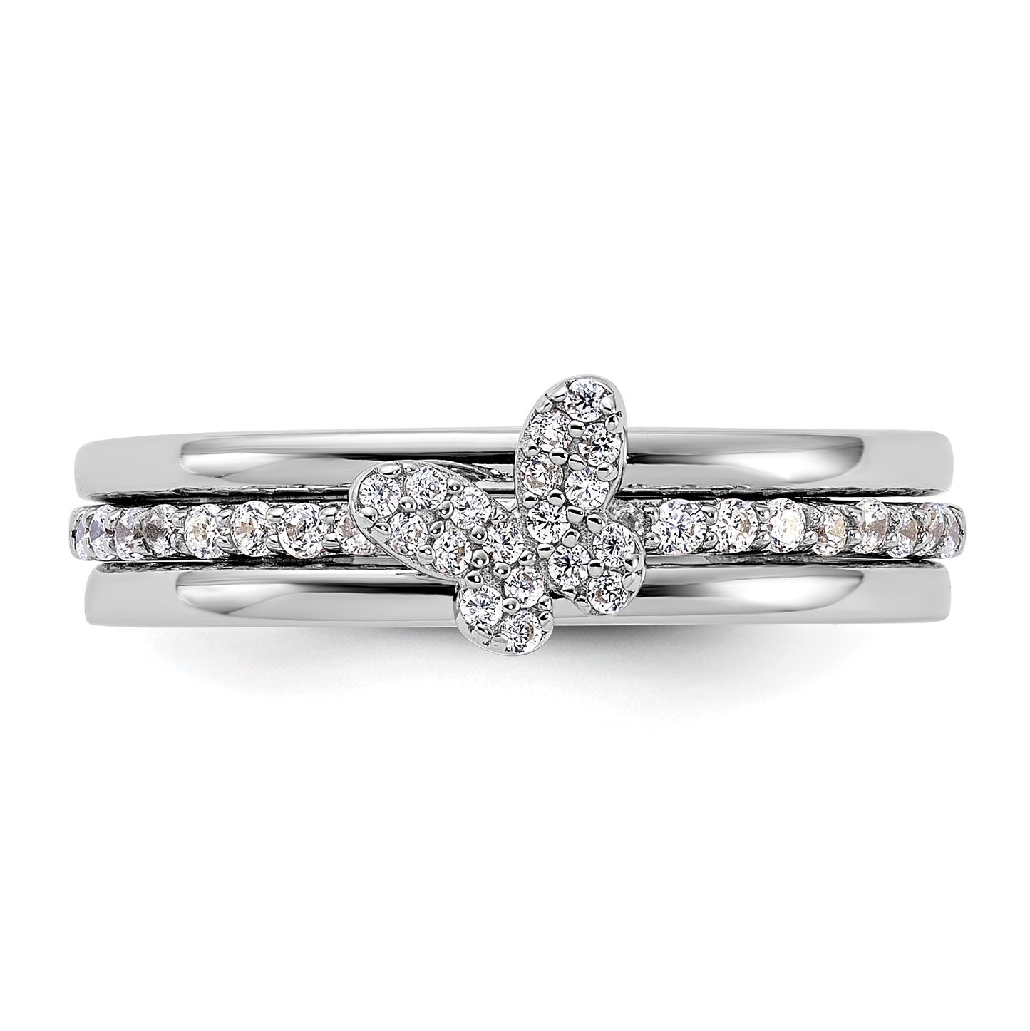 Sterling Silver RH-plated CZ Butterfly Ring with Two Plain Bands 3 Ring Set