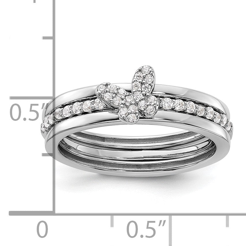 Sterling Silver RH-plated CZ Butterfly Ring with Two Plain Bands 3 Ring Set