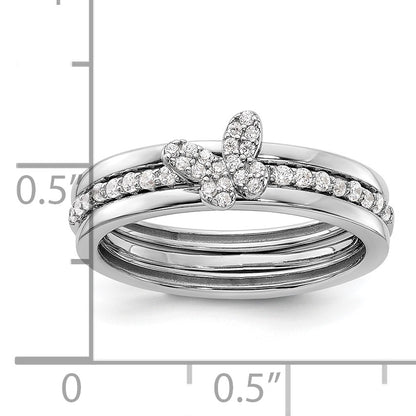 Sterling Silver RH-plated CZ Butterfly Ring with Two Plain Bands 3 Ring Set