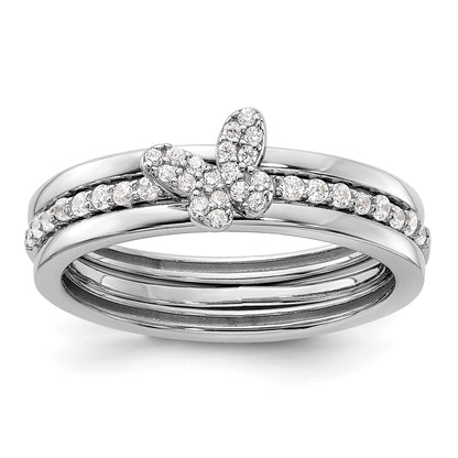 Sterling Silver RH-plated CZ Butterfly Ring with Two Plain Bands 3 Ring Set