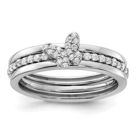Sterling Silver RH-plated CZ Butterfly Ring with Two Plain Bands 3 Ring Set