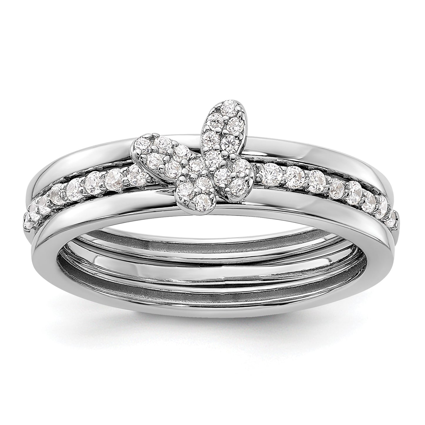 Sterling Silver RH-plated CZ Butterfly Ring with Two Plain Bands 3 Ring Set