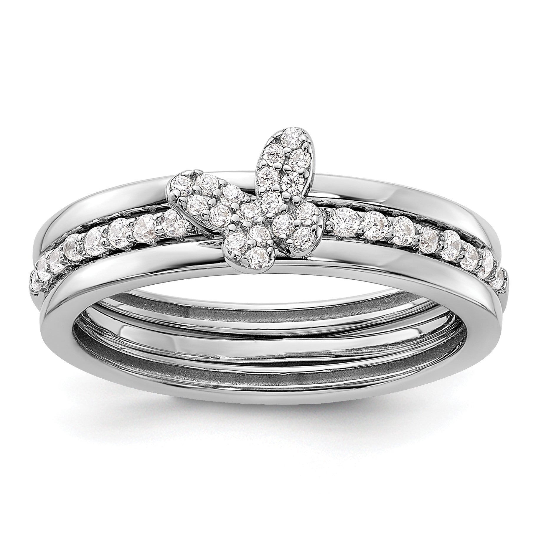 Sterling Silver RH-plated CZ Butterfly Ring with Two Plain Bands 3 Ring Set