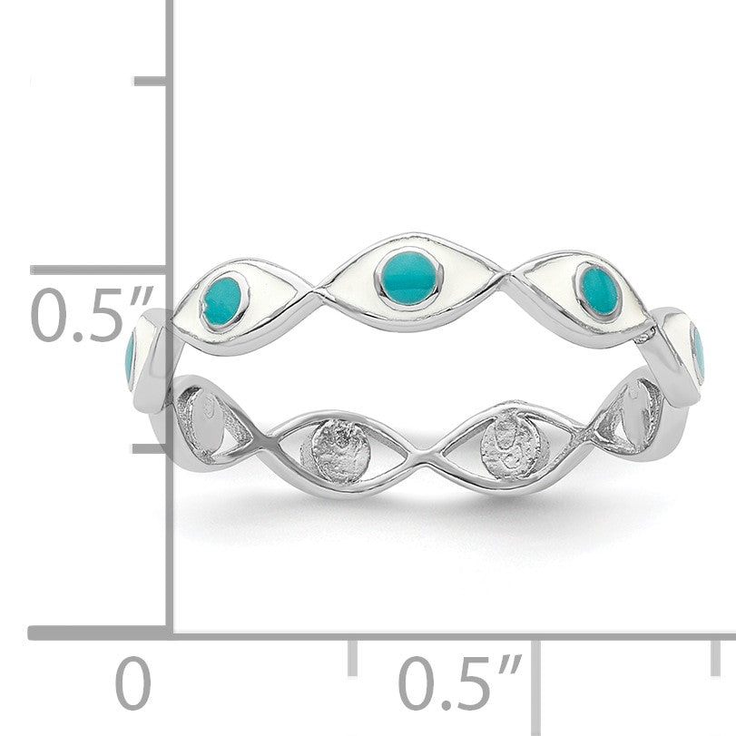 Sterling Silver Rhodium-plated with Enamel Evil Eye Ring