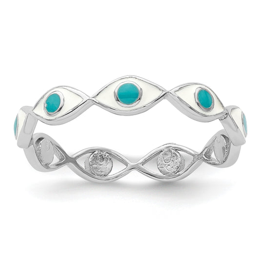 Sterling Silver Rhodium-plated with Enamel Evil Eye Ring