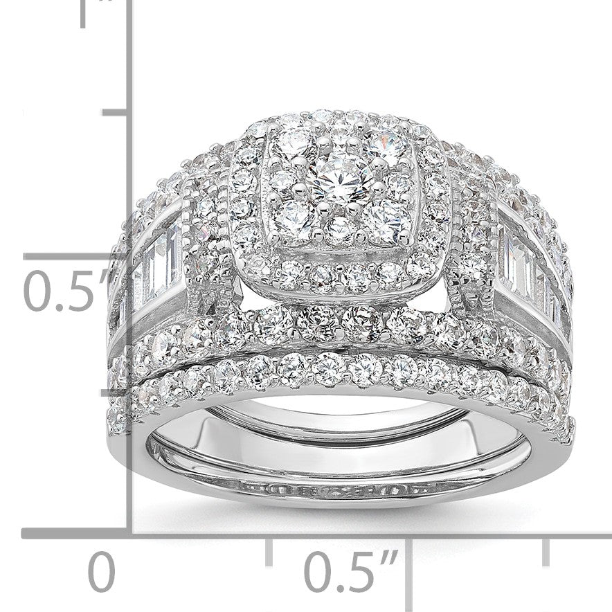 Sterling Silver Rhodium-plated CZ Engagement Ring w/2 Bands 3 Ring Set