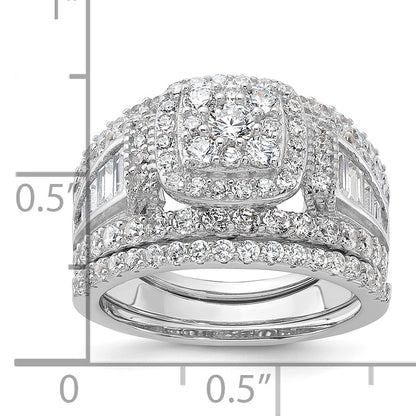 Sterling Silver Rhodium-plated CZ Engagement Ring w/2 Bands 3 Ring Set