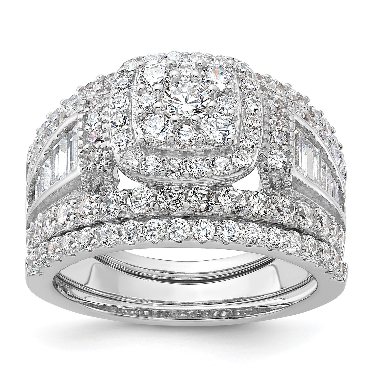 Sterling Silver Rhodium-plated CZ Engagement Ring w/2 Bands 3 Ring Set