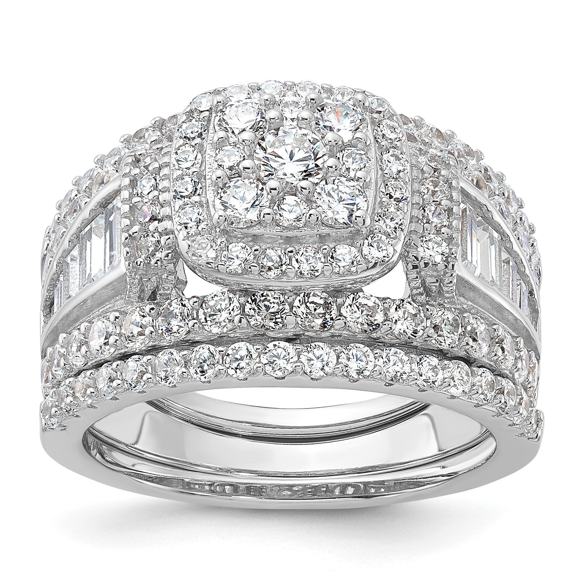 Sterling Silver Rhodium-plated CZ Engagement Ring w/2 Bands 3 Ring Set