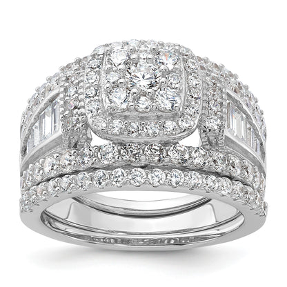 Sterling Silver Rhodium-plated CZ Engagement Ring w/2 Bands 3 Ring Set