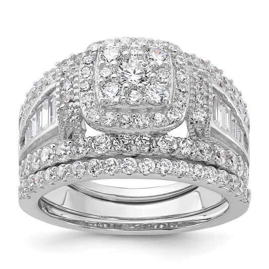 Sterling Silver Rhodium-plated CZ Engagement Ring w/2 Bands 3 Ring Set