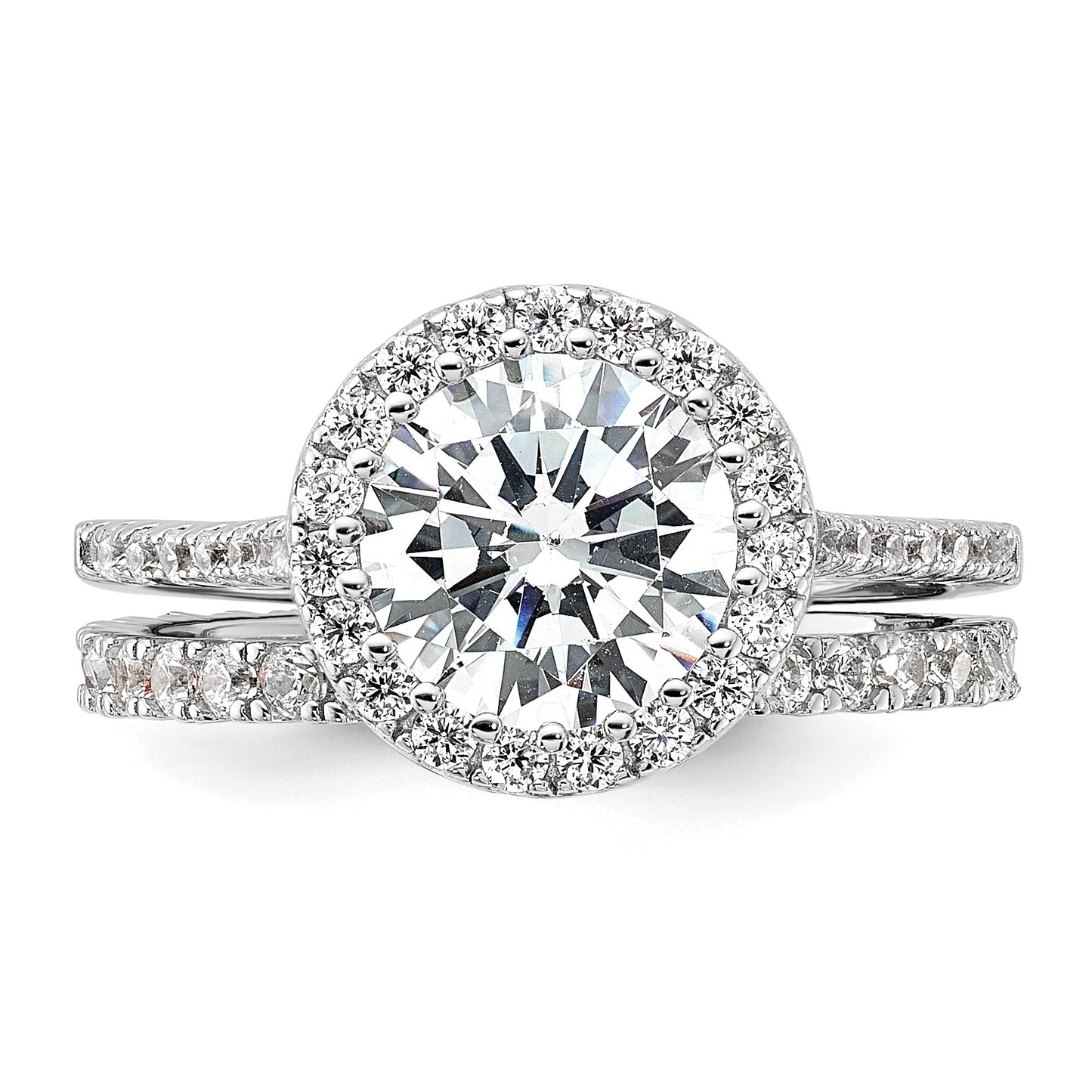 Sterling Silver RH-plated CZ Halo Engagement Ring and Eternity Band Set