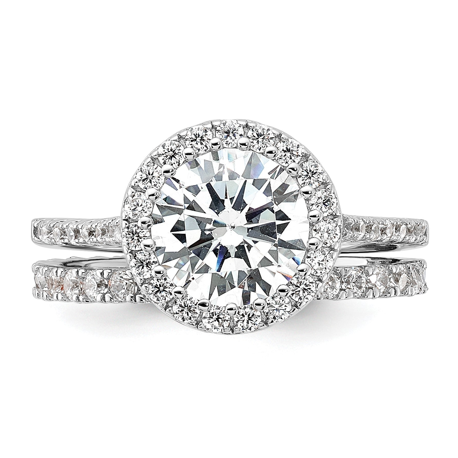 Sterling Silver RH-plated CZ Halo Engagement Ring and Eternity Band Set