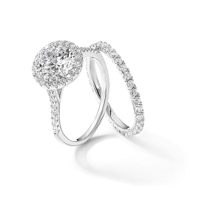 Sterling Silver RH-plated CZ Halo Engagement Ring and Eternity Band Set