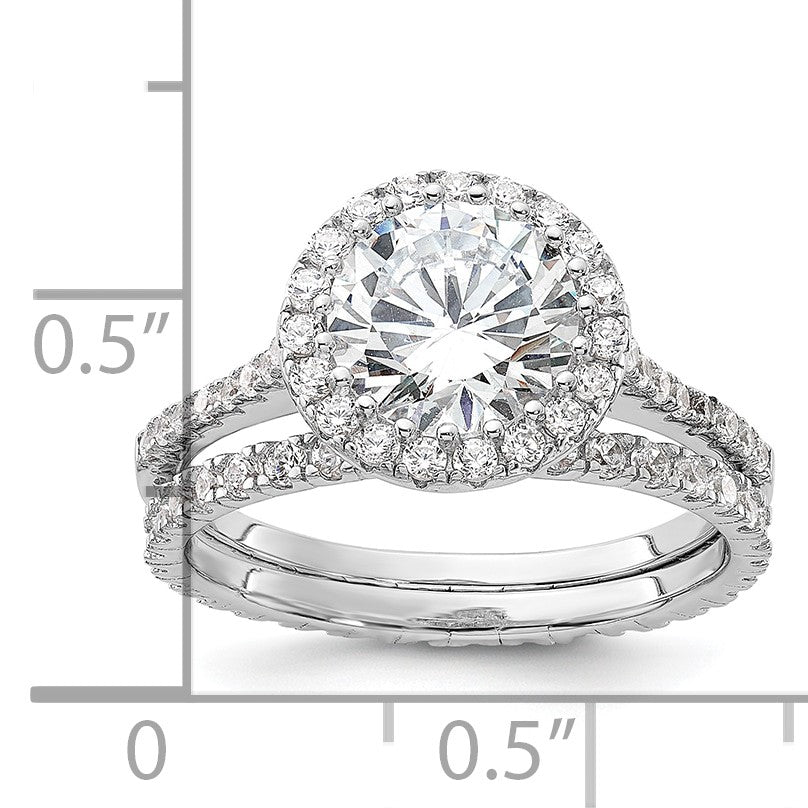 Sterling Silver Rh-plt 11mm CZ Halo Engagement/Eternity Band 2 Ring Set