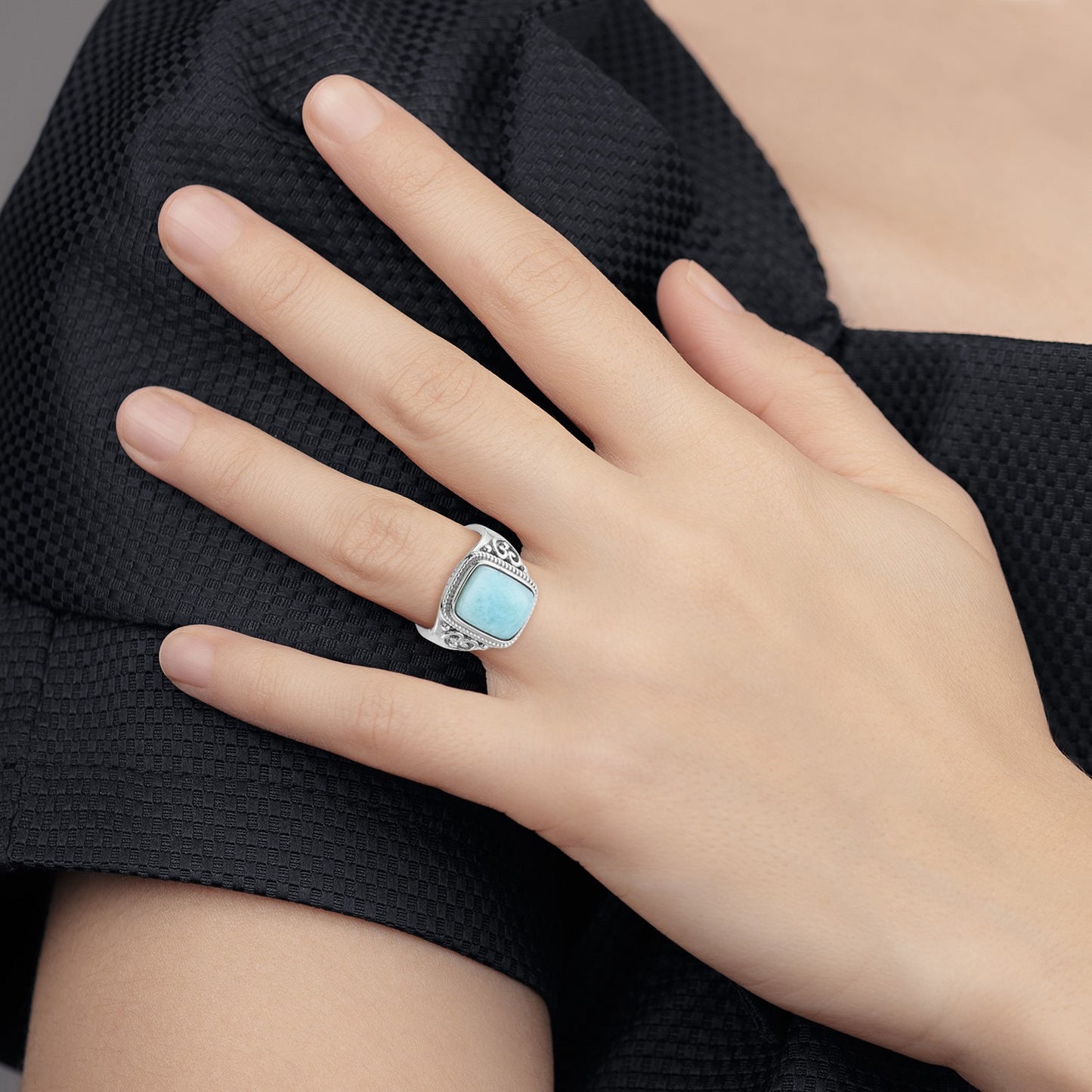 Sterling Silver Rhodium-plated Oxidized with Rectangular Larimar Ring
