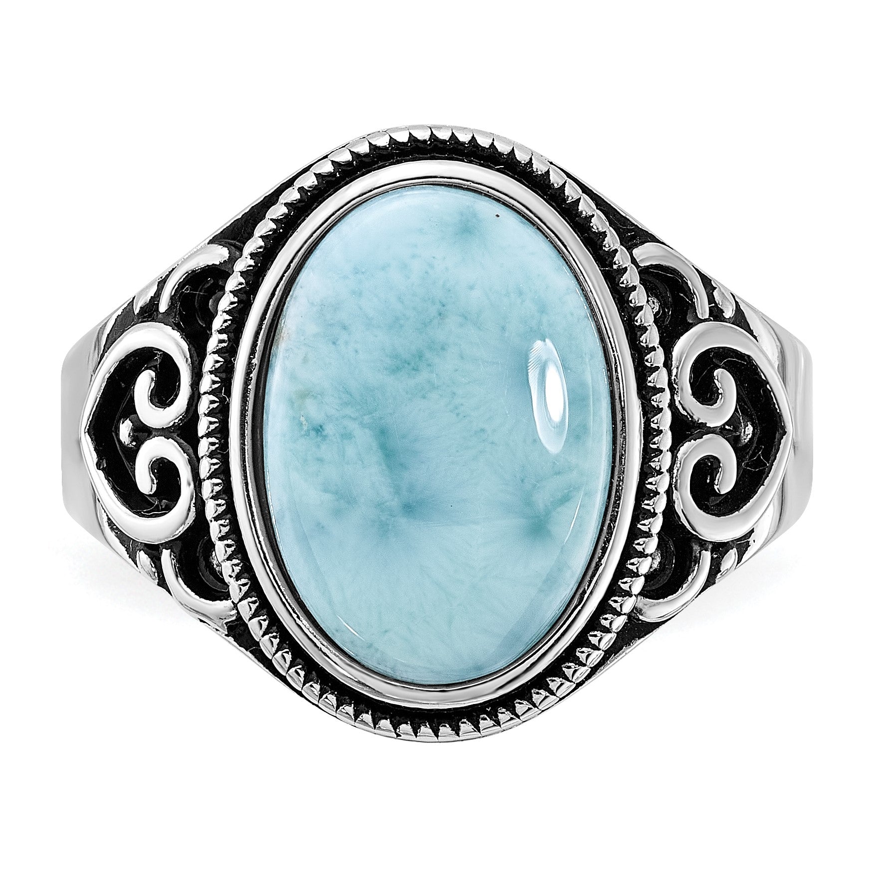 Sterling Silver Rhodium-plated Oxidized with Larimar Ring