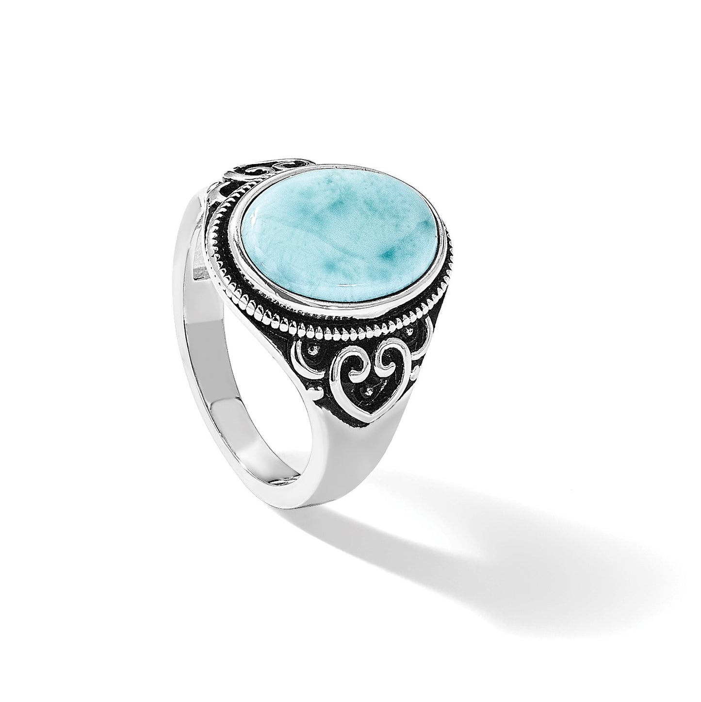 Sterling Silver Rhodium-plated Oxidized with Larimar Ring