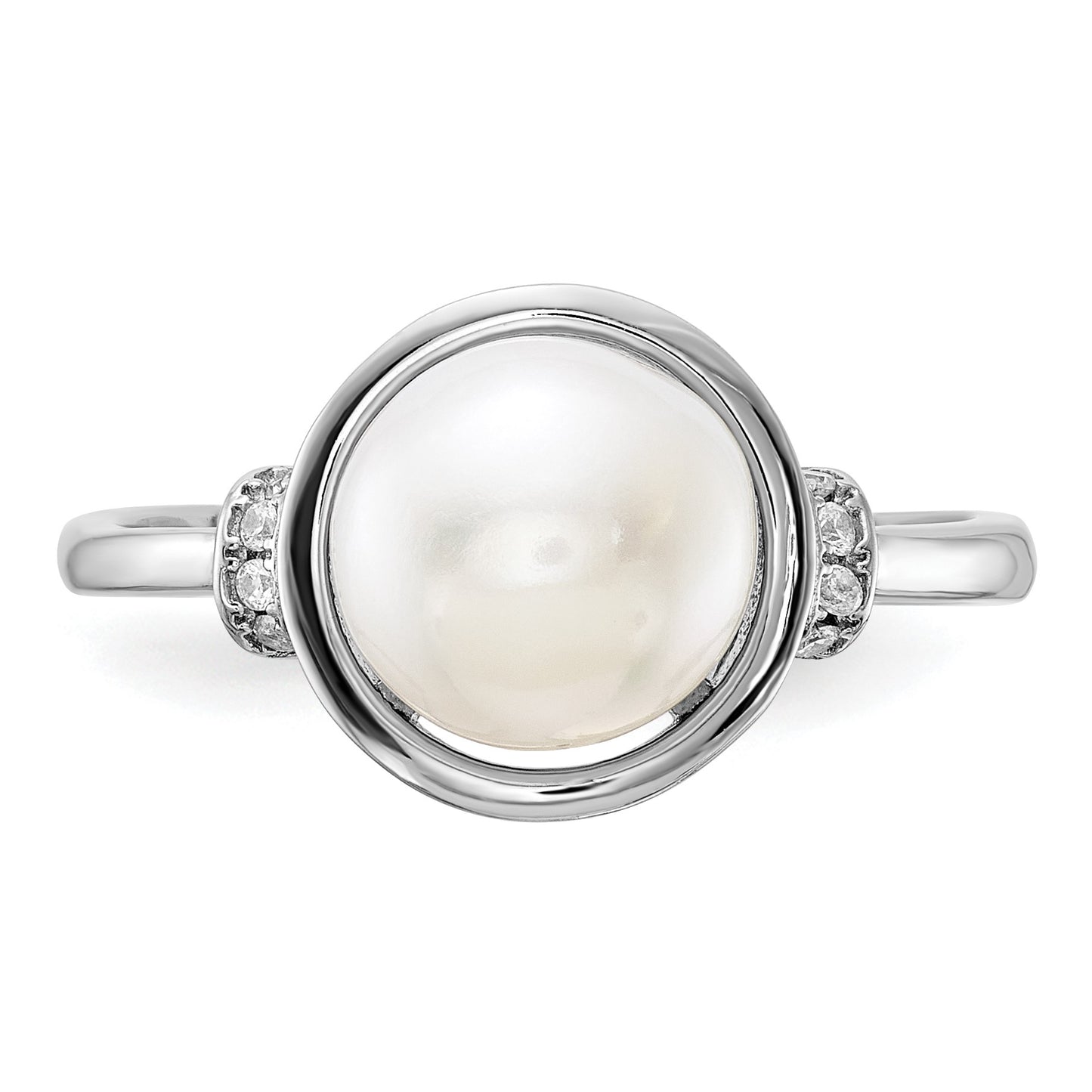 Sterling Silver Rhodium-plated 8-9mm White Button Freshwater Cultured Pearl and CZ Circle Ring