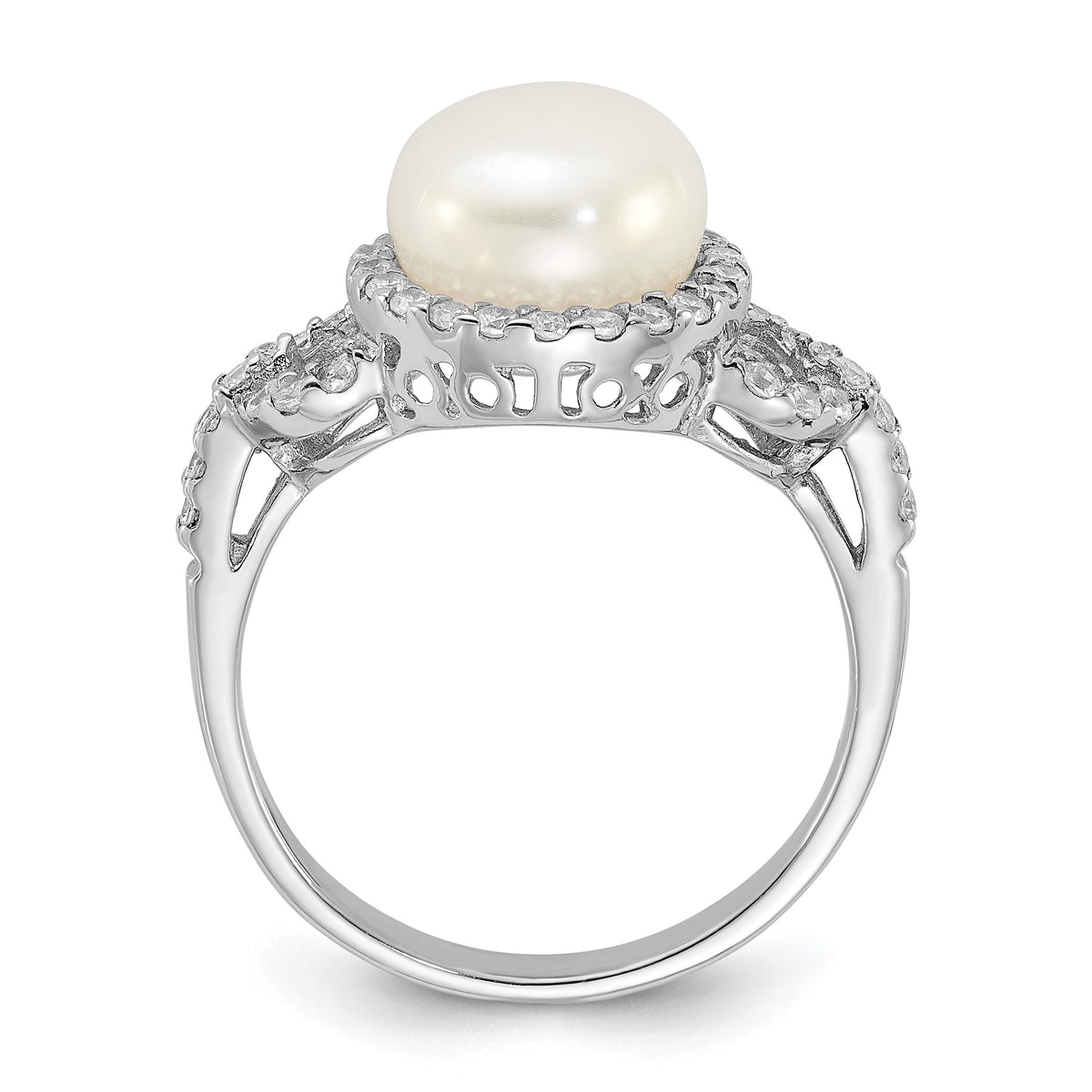 Sterling Silver Rhodium-plated 9-10mm White Button Freshwater Cultured Pearl and CZ Ring