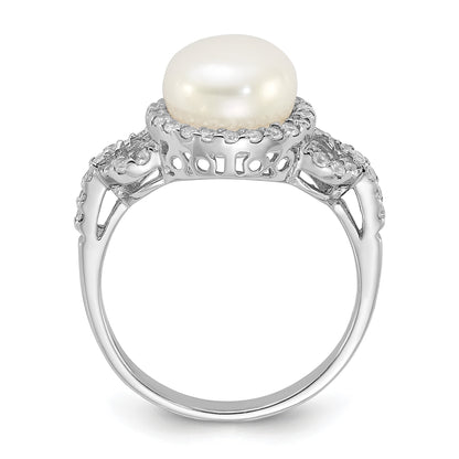 Sterling Silver Rhodium-plated 9-10mm White Button Freshwater Cultured Pearl and CZ Ring