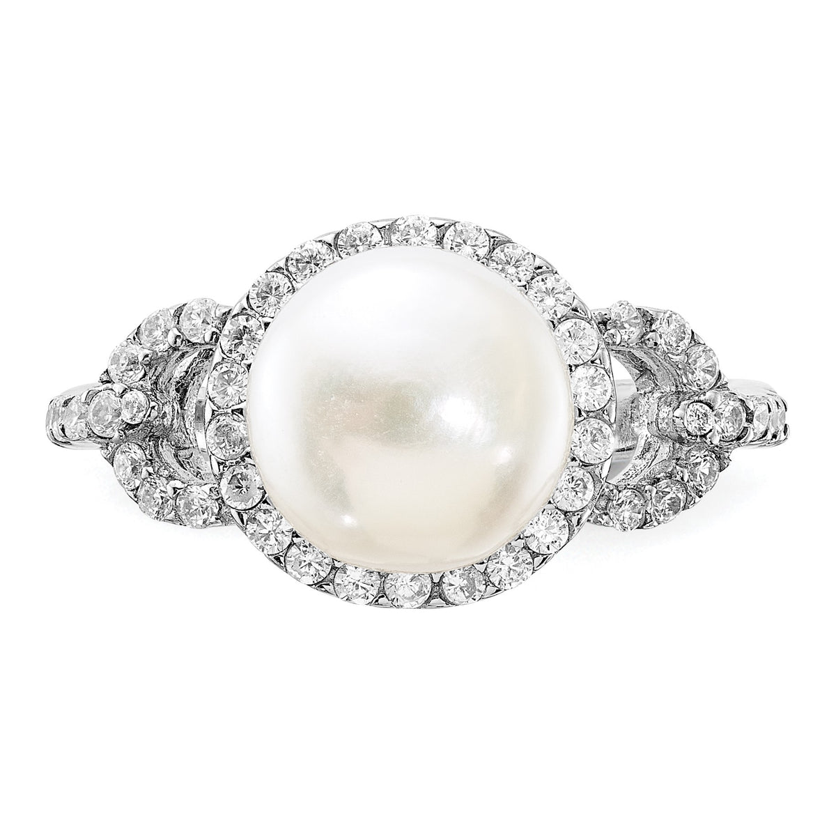 Sterling Silver Rhodium-plated 9-10mm White Button Freshwater Cultured Pearl and CZ Ring