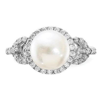 Sterling Silver Rhodium-plated 9-10mm White Button Freshwater Cultured Pearl and CZ Ring