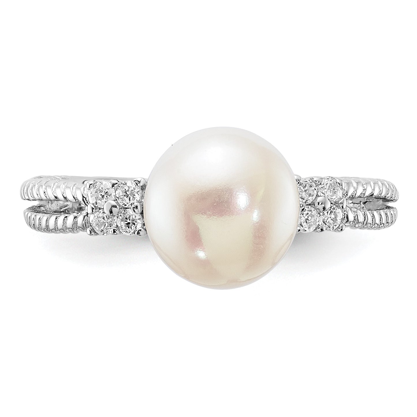 Sterling Silver Rhodium-plated 8-9mm White Button Freshwater Cultured Pearl and CZ Ring