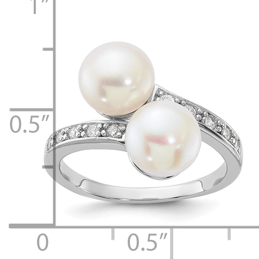 Sterling Silver Rhodium-plated 8-9mm White Button Freshwater Cultured Pearl and CZ Bypass Ring