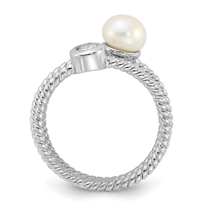 Sterling Silver Rhodium-plated 6-7mm White Freshwater Cultured Pearl and CZ 3 Ring Set