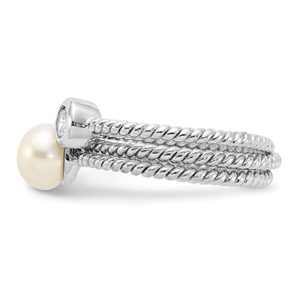 Sterling Silver Rhodium-plated 6-7mm White Freshwater Cultured Pearl and CZ 3 Ring Set
